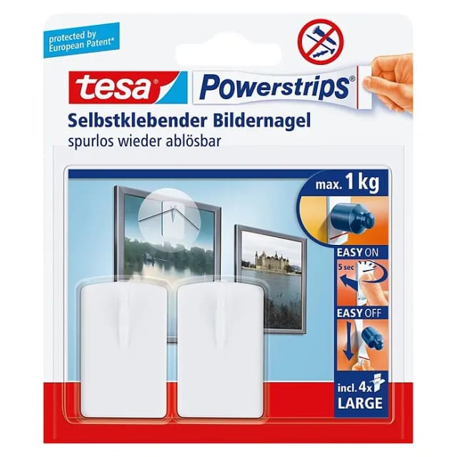 Tesa Powerstrips Bildernagel Weiß 2 Stück mit 4 x Powerstrips Large
