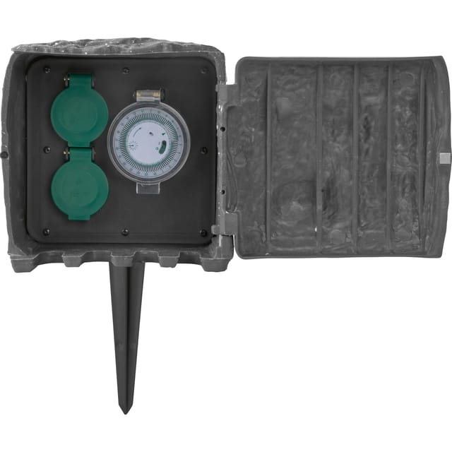 Gartensteckdose Steinoptik 2-fach Steckdose+Zeitschaltuhr
