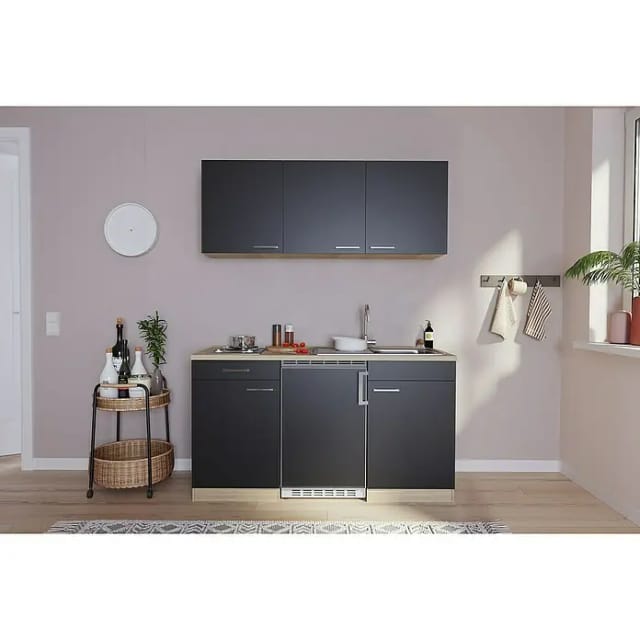 Respekta Küchenzeile KB150ESS 150 cm Schwarz-Eiche Sägerau