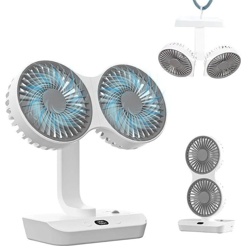 Tragbarer Tischventilator, 4000 Mah, Zwei Wiederaufladbarer Usb-tischventilator Mit Led-licht Und Haken, 4 Geschwindigkeitsstufen Und 360°-drehung Für Schlafzimmer, Büro Und Camping