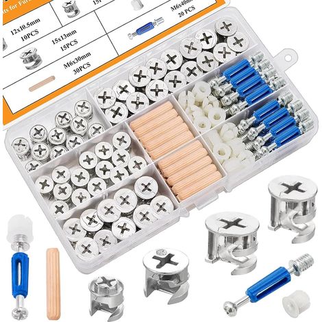 Möbelmontage-/reparaturset Bestehend Aus 120 Teilen: Nockenschlösser, 3-in-1-exzenterrollen, Befestigungsmaterial Und Verbindungsstücke Mit Muttern, Schrauben Und Holzdübeln In Verschiedenen Größen.
