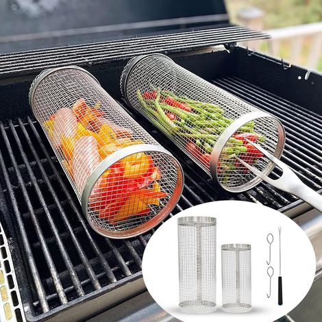 Set Mit 2 Rollbaren Grillkörben Für Den Grill, Tragbare Gemüsekörbe, Grillzubehör Für Draußen, Runder Grill Für Gemüse, Pommes Frites, Fisch