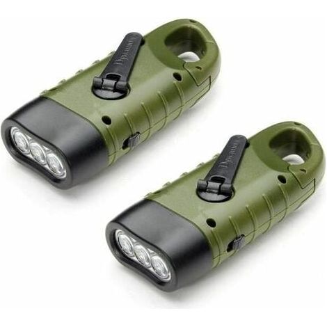 2-teilige Led-notfalltaschenlampe, Wiederaufladbare Solar-dynamo-handkurbeltaschenlampe Mit Karabinerhaken Für Wandern, Reisen, Camping, Klettern, Armeegrün