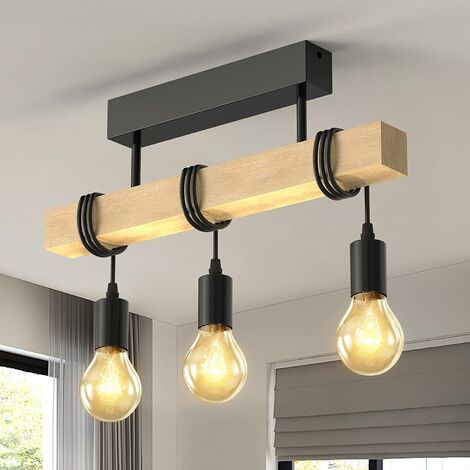 Vintage-industrie-pendelleuchte, 3-flammige Deckenleuchte Aus Holz Und Metall Mit Verstellbarem Kabel Für Wohnzimmer, Restaurant, Schlafzimmer, Küche, Flur, E27