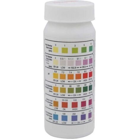 Wasserteststreifen – 6 Parameter: Gesamtchlor, Freies Chlor, Brom, Ph-wert, Alkalinität, Cyanursäure, Härte – Für Schwimmbäder, Whirlpools, Thermalbäder, Aquarien – 50 Stück