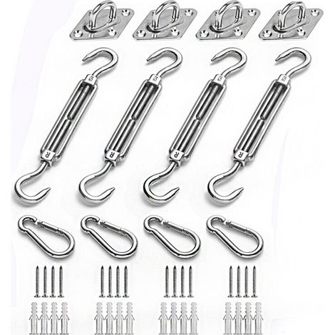 Befestigungsset Für Sonnensegel – Edelstahl – Für Dreieckige, Quadratische Und Rechteckige Segel – 4 Wandhalterungen, 4 Karabinerhaken, 4 Spannschrauben, 16 Schrauben