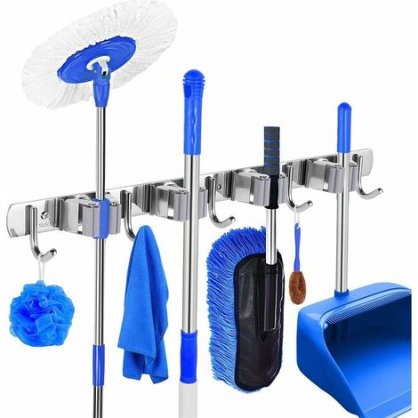 Wandmontierter Besenhalter – Edelstahl Sus304 – 4 Schlitze, 3 Haken – Für Küche, Tür, Garage, Garten – Wandmontage