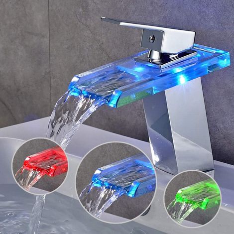 Waschtischarmatur – Wasserfallarmatur Mit Rgb-led-beleuchtung – Glasauslauf – Verchromtes Messing – Für Badezimmer – 1 Stück