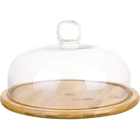 Glasglocke – Bambusständer – Serviertablett Für Kuchen Und Käse – Durchmesser 26 Cm – 1 Stück