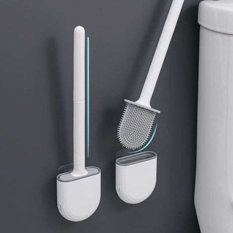 Toilettenbürste – Flexibler Silikonkopf – Langer, Rutschfester Griff – Selbstklebende Wandhalterung – 360°-reinigungswinkel – 1 Stück