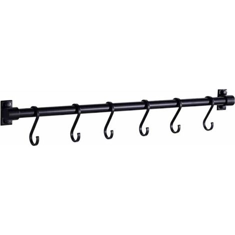 Wandmontiertes Küchenutensilienregal – Aluminium, 40 Cm – 6 Abnehmbare Haken – Für Küche, Bad, Balkon – Schwarz