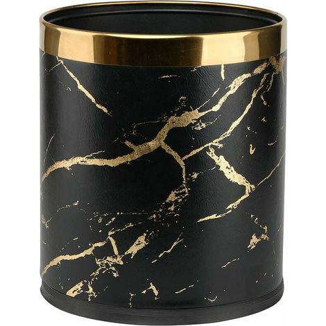 Mülleimer – Edelstahl Und Pu-leder – 10 L – Doppelwandig – Schwarz Und Gold – Für Schlafzimmer, Badezimmer, Küche, Büro, Hotel