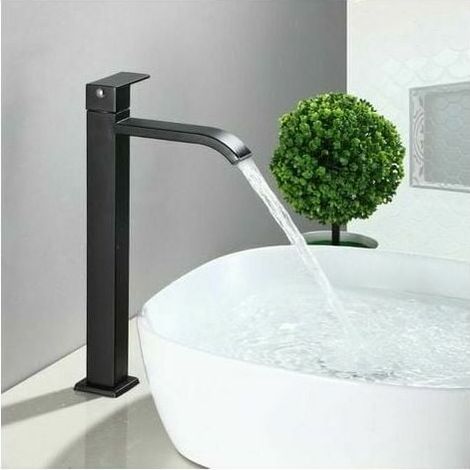 Waschbeckenarmatur – Edelstahl-wasserfall-mischbatterie – Schwarze, Fußmontierte Hohe Armatur Für Waschbecken – Fest Montiert Mit Vertikalem Hebel – 1-teilig
