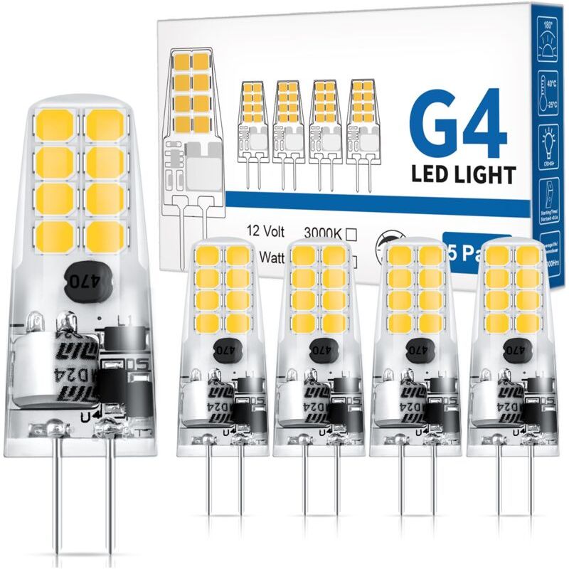 G4 Led-lampe, 12 V Ac/dc. 300 Lm, Warmweiß (3000 K). Entspricht 25 W Halogenlampe. Flimmerfrei. Nicht Dimmbar. 12-v-led Für Kronleuchter Und Dunstabzugshauben. 5er-pack [energieeffizienzklasse G4].
