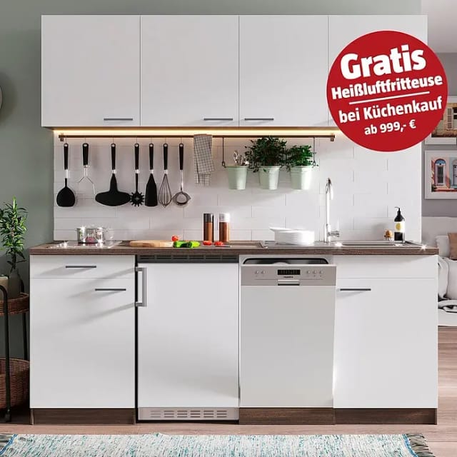 Respekta Küchenzeile KB195EYWC 195 cm Weiß-Eiche Nachbildung Glaskeramikkochfeld