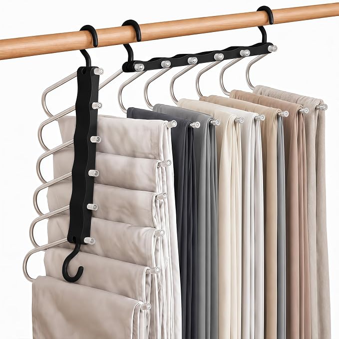 6-in-1 Hosenbügel, Platzsparend, Kleiderbänder Aus Edelstahl, Ausziehbarer Hosenbügel, Geeignet Für Kleiderschränke, Magic Holeur Hosenbügel, 2er-pack.