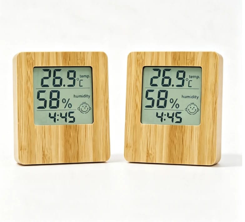 2-teiliges Set Aus Digitalem Thermometer Und Hygrometer Mit Bambusoberfläche, Temperatur- Und Feuchtigkeitsmesser Für Innenräume Mit Komfortabler Smiley-anzeige.