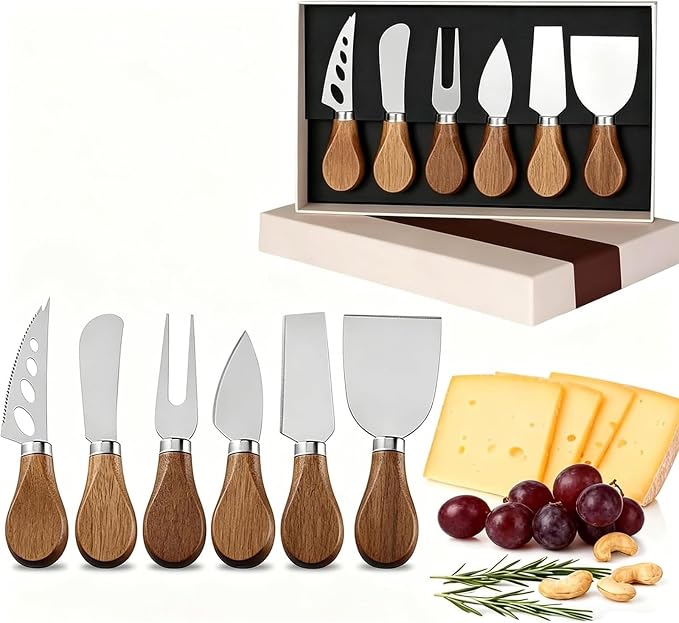 Ein Set Aus 6 Käsemessern Mit Griffen Aus Akazienholz, Einem Butterschneider Aus Edelstahl, Geeignet Für Weichkäse, Geschnittenen Käse, Kuchen, Desserts Und Pralinen.