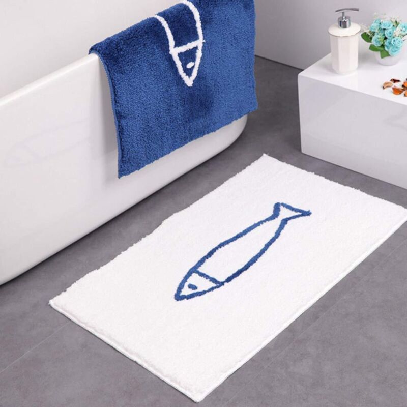 Rutschfeste Badematte. Fischmuster, Blau/weiß. Polyester. Weiß. 40 X 60 Cm