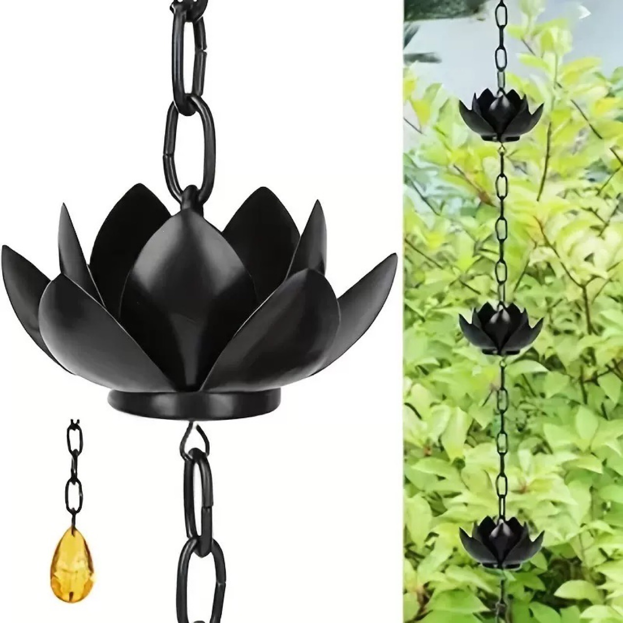 Schwarze Lotus-regenkette – Eine Elegante, Hängende Dekorative Entwässerungskette, Die Sich Für Gärten Im Freien Eignet.