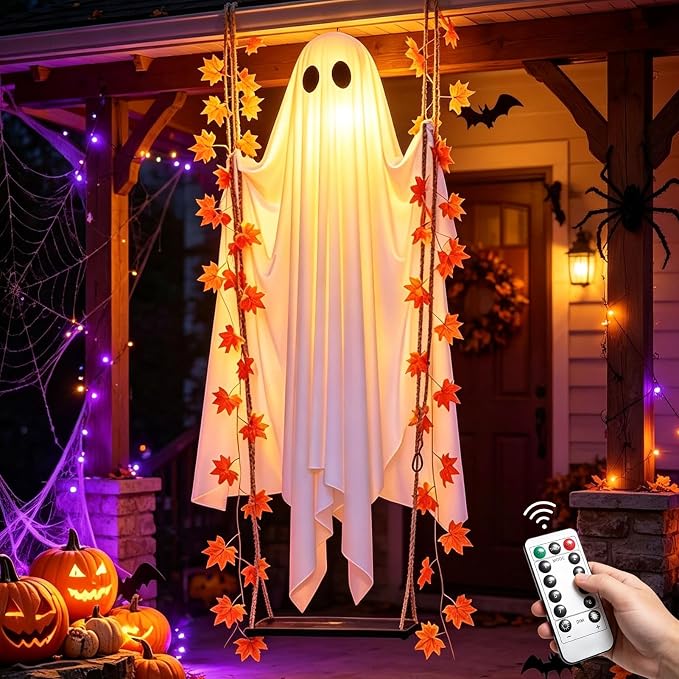 Halloween-hängeschaukel Mit Geistermotiv – Halloween-dekoration Für Den Außenbereich Mit Einer Geisterschaukel, Geeignet Für Gärten, Terrassen, Veranden, Bäume, 134 Cm Groß.