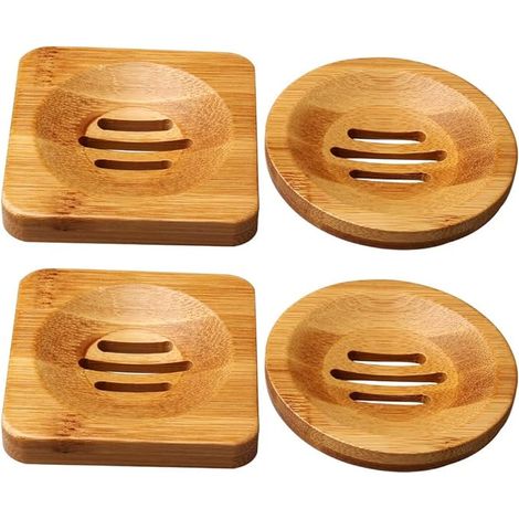Set Mit 4 Seifenschalen Aus Natürlichem Bambusholz, Quadratisch Und Rund, Für Das Badezimmer.