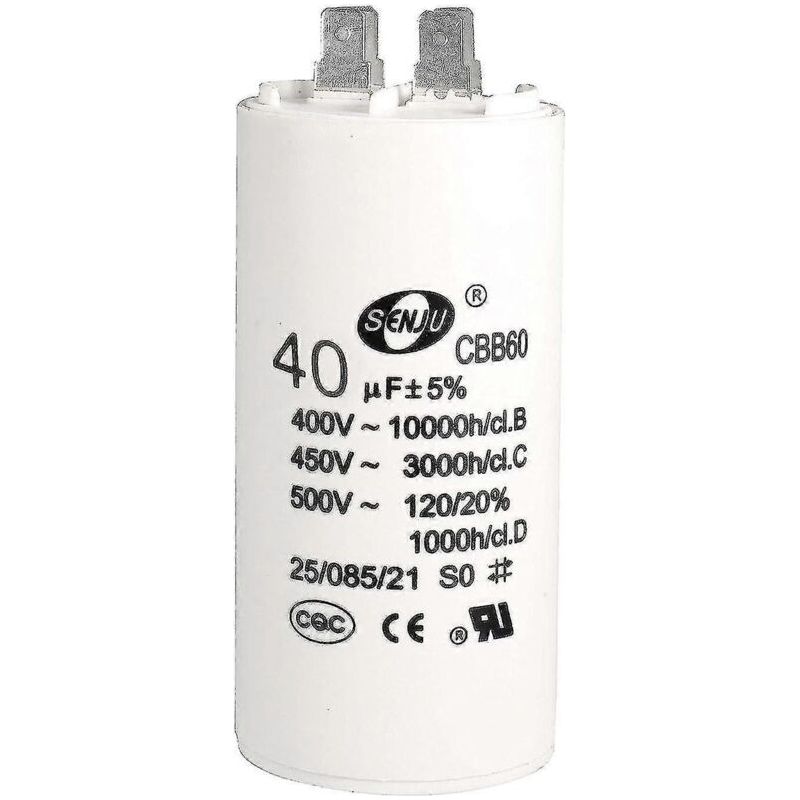 40 Μf 450 V Ac Doppelanschlusskondensator, 50/60 Hz. Zylindrisch, 94 X 45 Mm. Weiß. Für Luftkompressoren, Wasserpumpen Und Motoren.