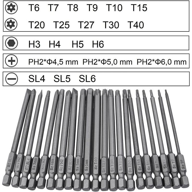Longziming – 21-teiliges Schraubendreher-bit-set – S2 Hrc60 Stahl – 100 Mm Länge – Torx T6–t40, Innensechskant 3–6 Mm, Kreuzschlitz Ph2, Schlitz 4–6 Mm