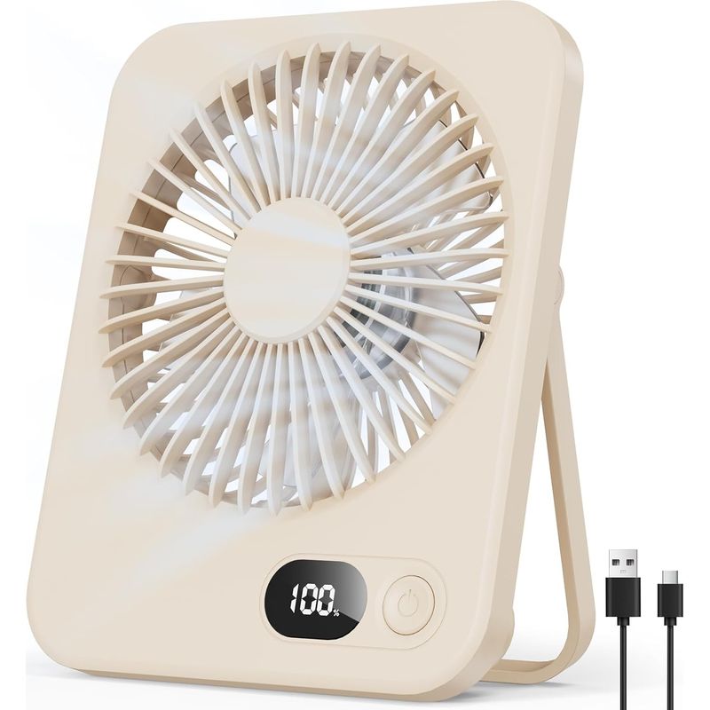 Mini-tischventilator – 3000 Mah Akku, Led-anzeige, 5 Geschwindigkeitsstufen, 3–8 Stunden Akkulaufzeit – Für Büro, Schlafzimmer, Zuhause, Camping (beige)