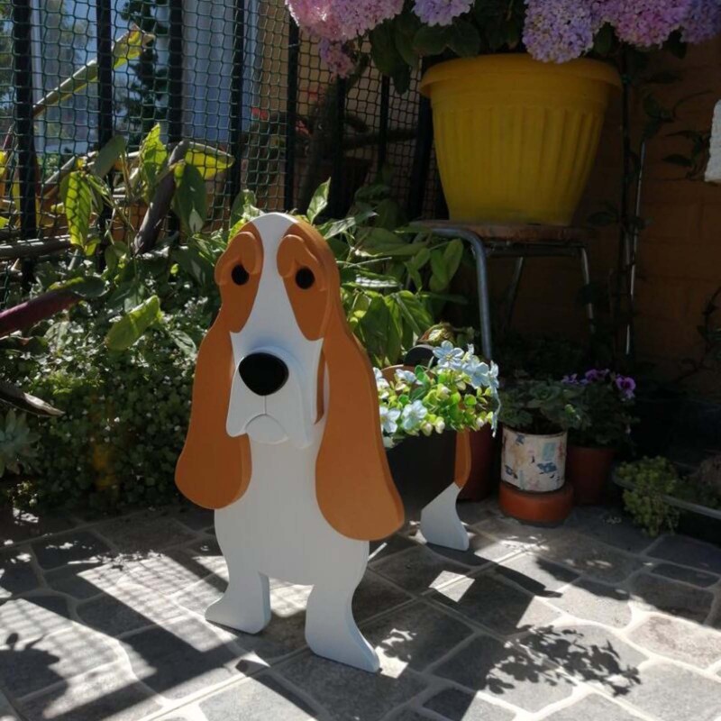 Dekorativer Blumentopf Aus Holz In Form Eines Niedlichen Hundes, Mit Basset-hound-muster, Für Den Garten.
