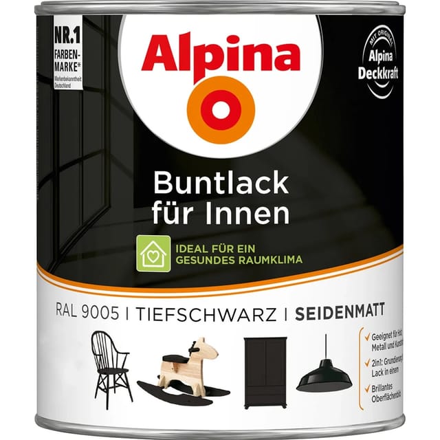 Alpina Buntlack für Innen Tiefschwarz seidenmatt 750 ml