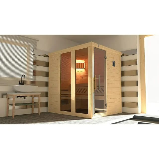 Weka Massivholzelementsauna Kemi Panorama 1 Sparset 7,5 kW BioS Glastür/Fenster