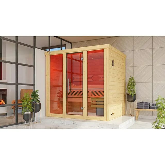 Weka Massivholzelementsauna Kemi Panorama 2 Sparset 7,5 kW OS Glastür/Fenster