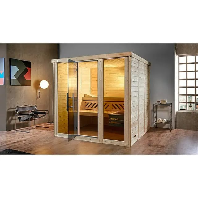 Weka Massivholzelementsauna Kemi Panorama 3 Sparset 7,5 kW OS Glastür/Fenster