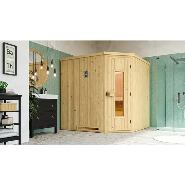 Weka Element-Ecksauna Varberg 3 Sparset 7,5 kW OS Holztür Saunaleuchtenset