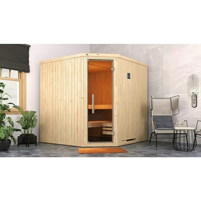 Weka Element-Ecksauna Varberg 3 Sparset 7,5 kW BioS Glastür Saunaleuchtenset