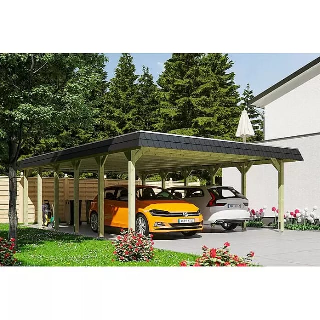 Skan Holz Walmdach-Doppelcarport Spreewald 585 cm x 893 cm Blende in Schwarz