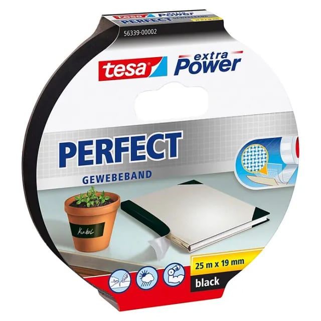 Tesa Extra Power Perfect Gewebeband Schwarz 2,75 m x 19 mm