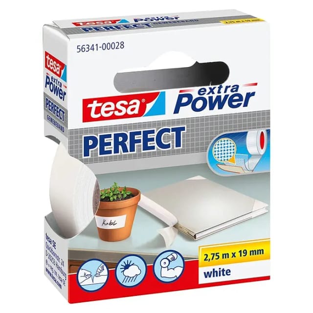 Tesa Extra Power Perfect Gewebeband Weiß 2,75 m x 19 mm