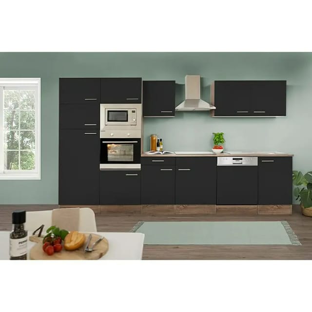 Respekta Küchenzeile KB340EYSMIGKE 340 cm Schwarz-Eiche York Nachbildung