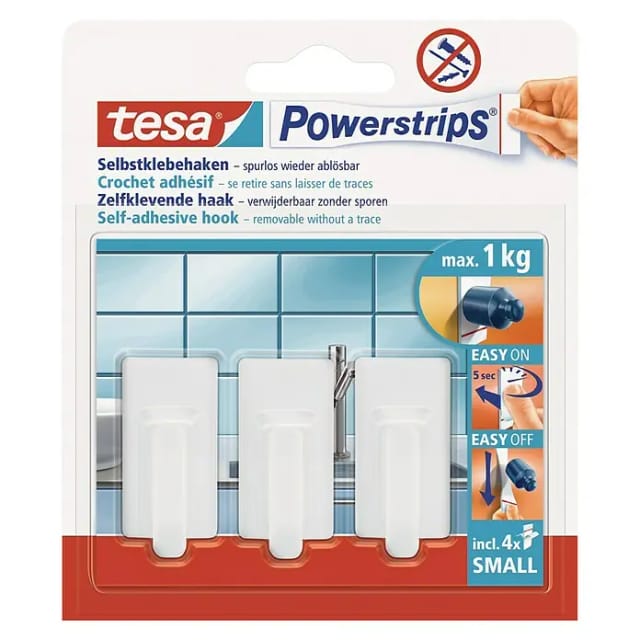 Tesa Selbstklebehaken Weiß abgerundet 3 Stück mit 4 x Powerstrips Small