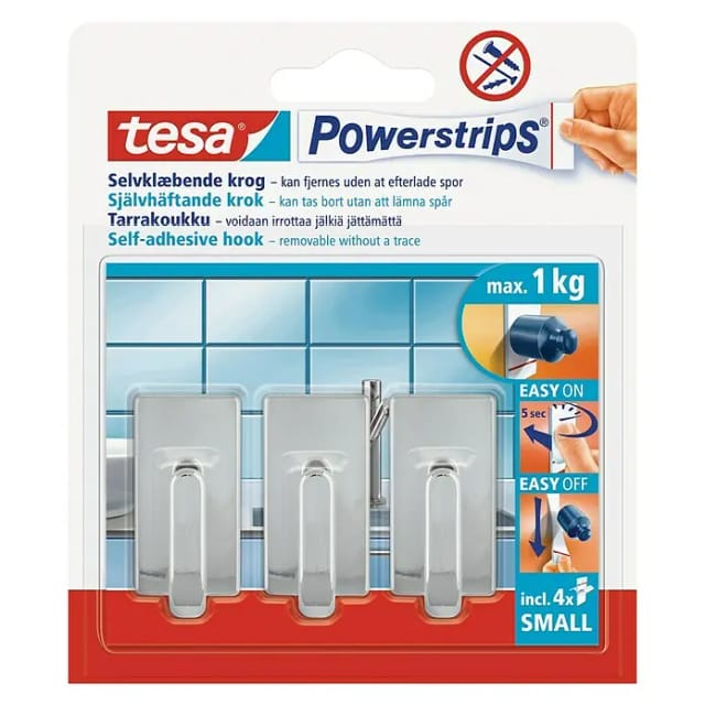 Tesa Selbstklebehaken Chrom eckig 3 Stück mit 4 x Powerstrips Small