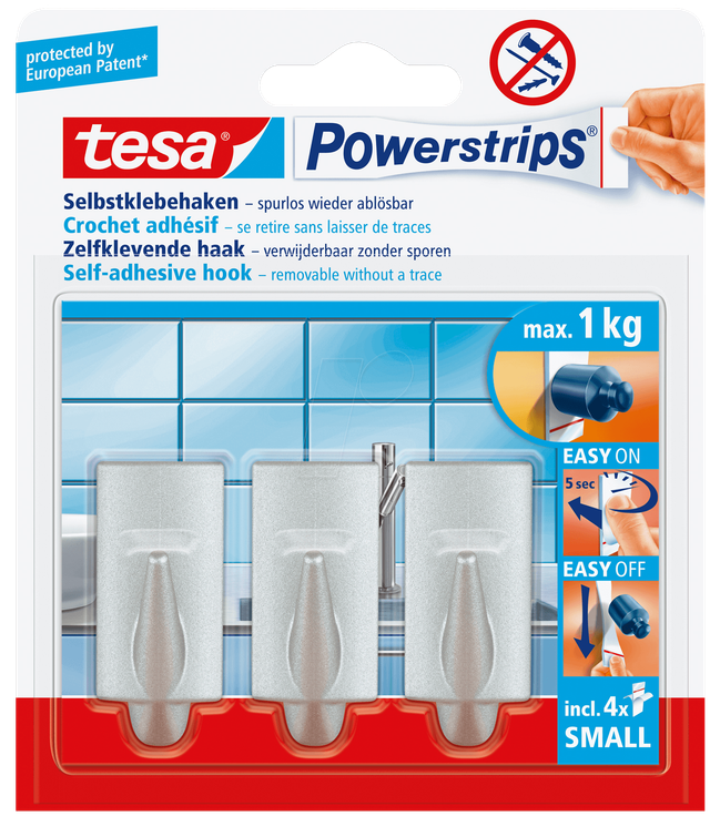 Tesa Selbstklebehaken Chrom matt eckig 3 Stück