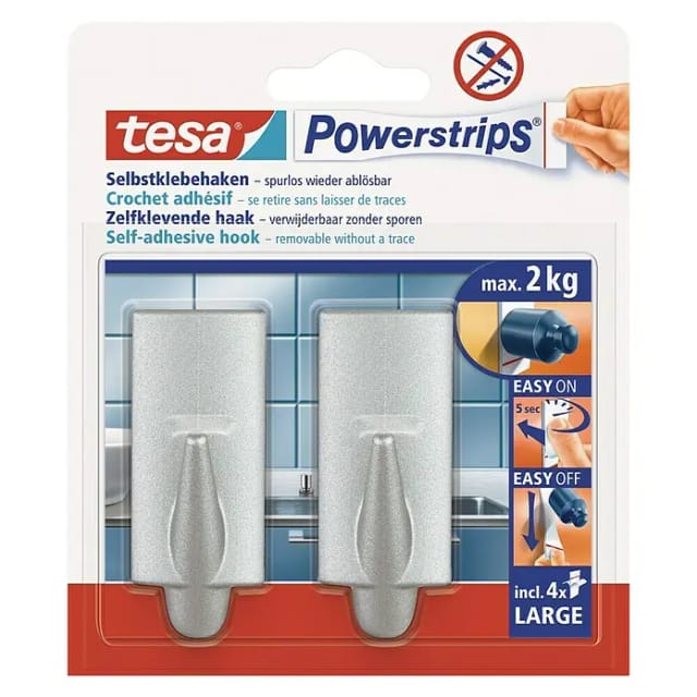 Tesa Selbstklebehaken Chrom matt eckig 2 Stück mit 4 x Powerstrips Large