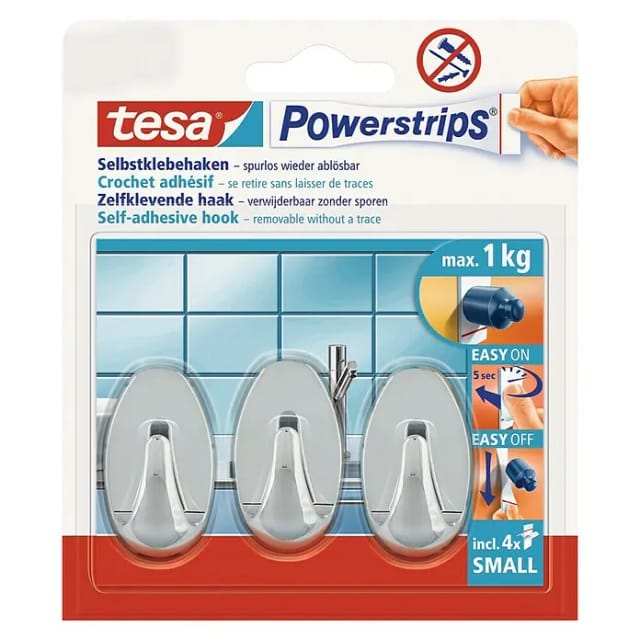 Tesa Selbstklebehaken Chrom glänzend oval 3 Stück mit 4 x Powerstrips Small