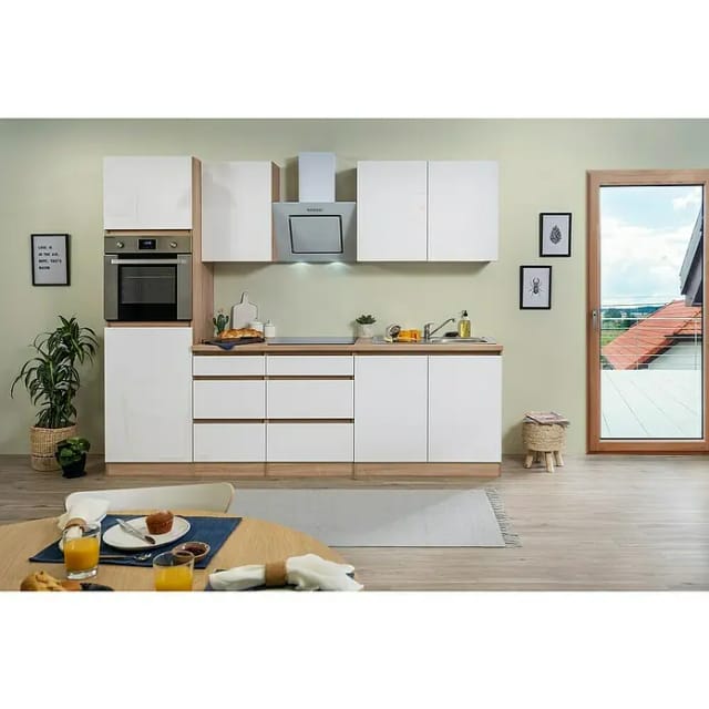 Respekta Küchenzeile GLRP270HESW Grifflos 270 cm Weiß Hochglanz-Sonoma Eiche