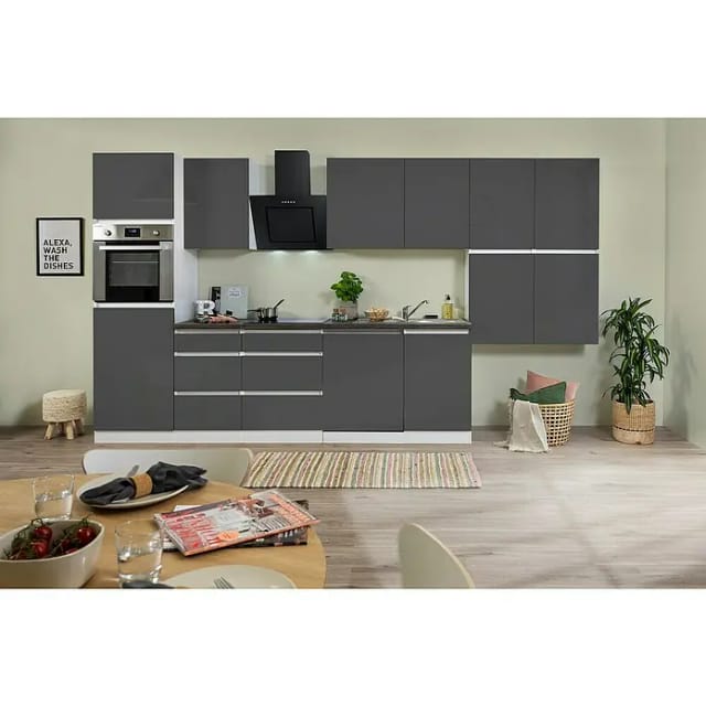 Respekta Küchenzeile GLRP380HWG Grifflos 380 cm Grau Hochglanz-Weiß