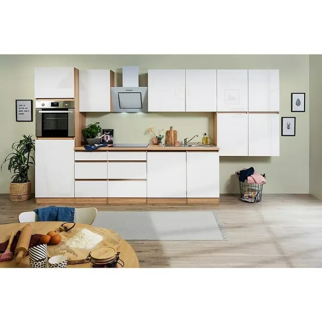 Respekta Küchenzeile GLRP380HESW Grifflos 380 cm Weiß Hochglanz-Sonoma Eiche