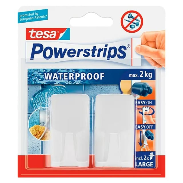 Tesa Waterproof Haken Weiß eckig 2 Stück mit 2 x Powerstrips Large