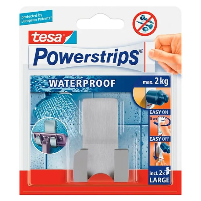 Tesa Waterproof Doppelhaken schmal Edelstahl mit 2 x Powerstrips Large